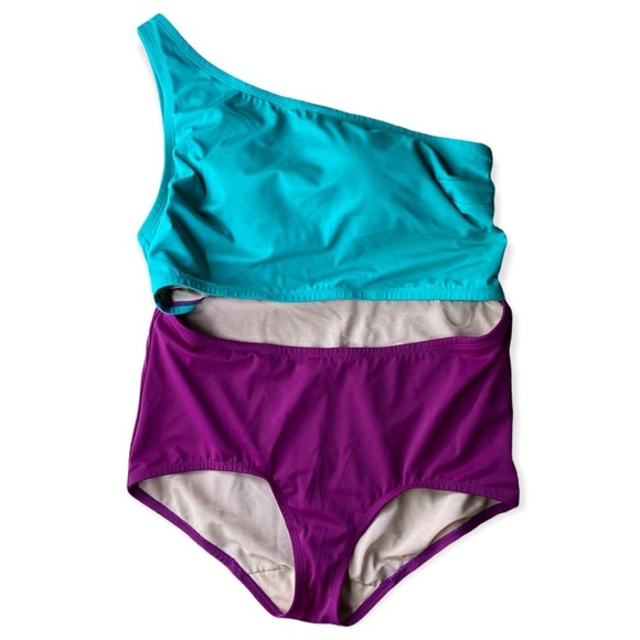 Cacique Sophie Theallet One-shoulder No-wire Monokini Teal Purple Size 16 - Picture 2 of 4